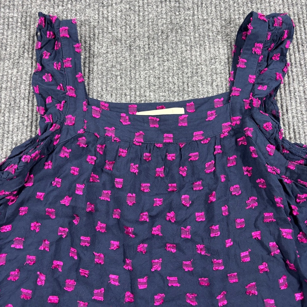 LOFT Tank Top Womens Small Navy Pink Clip Dot Ruffle Strap Sleeveless